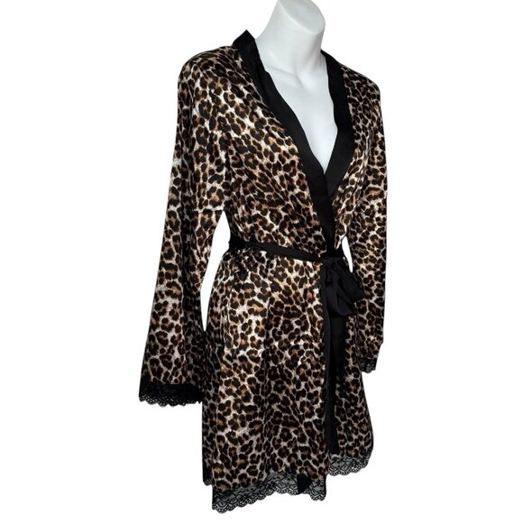 New Leopard Print Robe Womens Medium Long Sleeve Black Lace Trim Satin Mob Wife - Picture 14 of 14